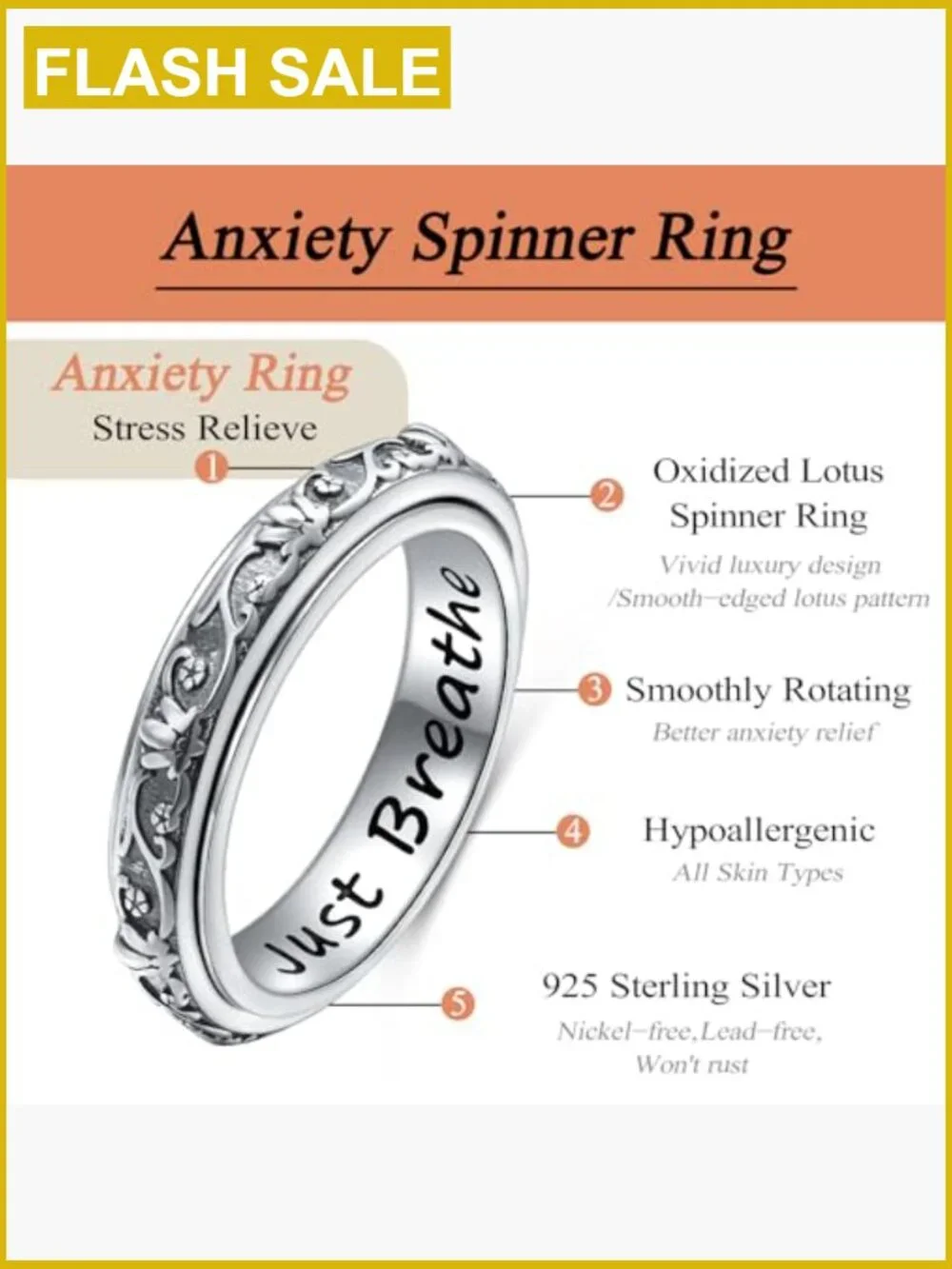 Sterling Silver Spinner Fidget Ring Women Stress Relief Anxiety Thumb Band Just